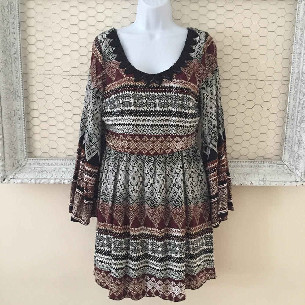 ALYA Francesca's Dress Peasant Long Sleeve Aztec S
